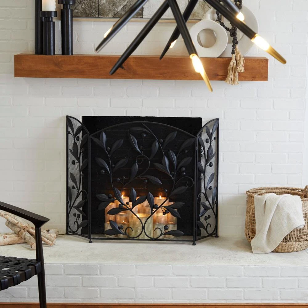 Black Metal Scroll Foldable Mesh Netting 3-Panel Fireplace Screen With Leaf And Vine Relief 7 Black Metal Scroll Foldable Mesh Netting 3-Panel Fireplace Screen With Leaf And Vine Relief - Image 7