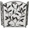 Black Metal Scroll Foldable Mesh Netting 3-Panel Fireplace Screen With Leaf And Vine Relief