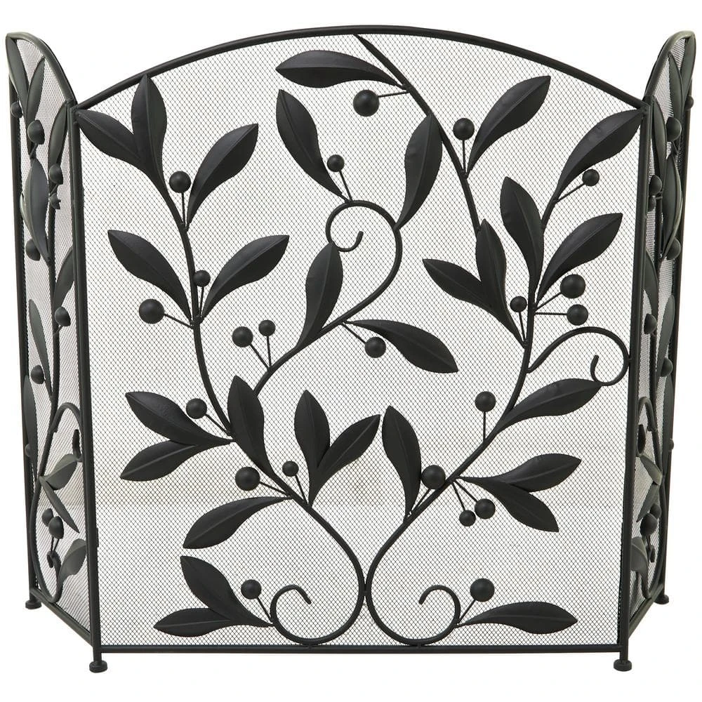 Black Metal Scroll Foldable Mesh Netting 3-Panel Fireplace Screen With Leaf And Vine Relief 1 Black Metal Scroll Foldable Mesh Netting 3-Panel Fireplace Screen With Leaf And Vine Relief