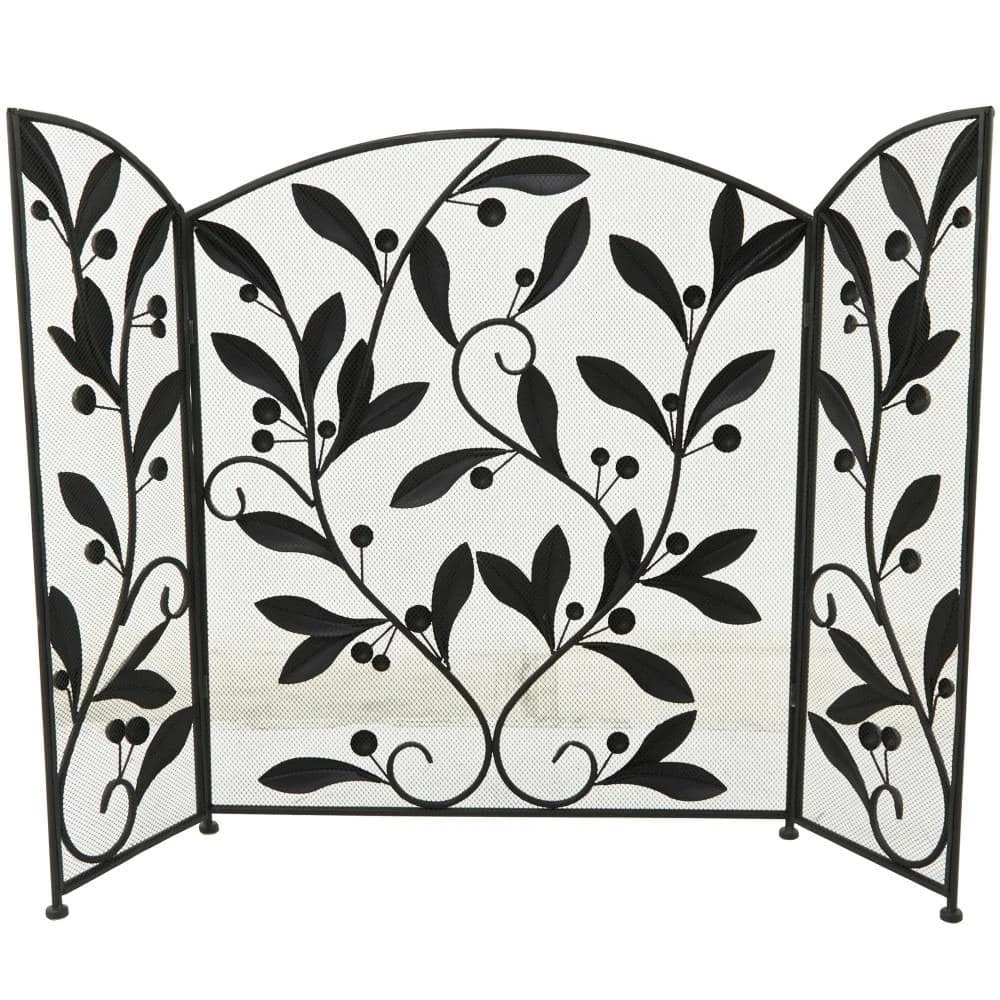 Black Metal Scroll Foldable Mesh Netting 3-Panel Fireplace Screen With Leaf And Vine Relief 4 Black Metal Scroll Foldable Mesh Netting 3-Panel Fireplace Screen With Leaf And Vine Relief - Image 4