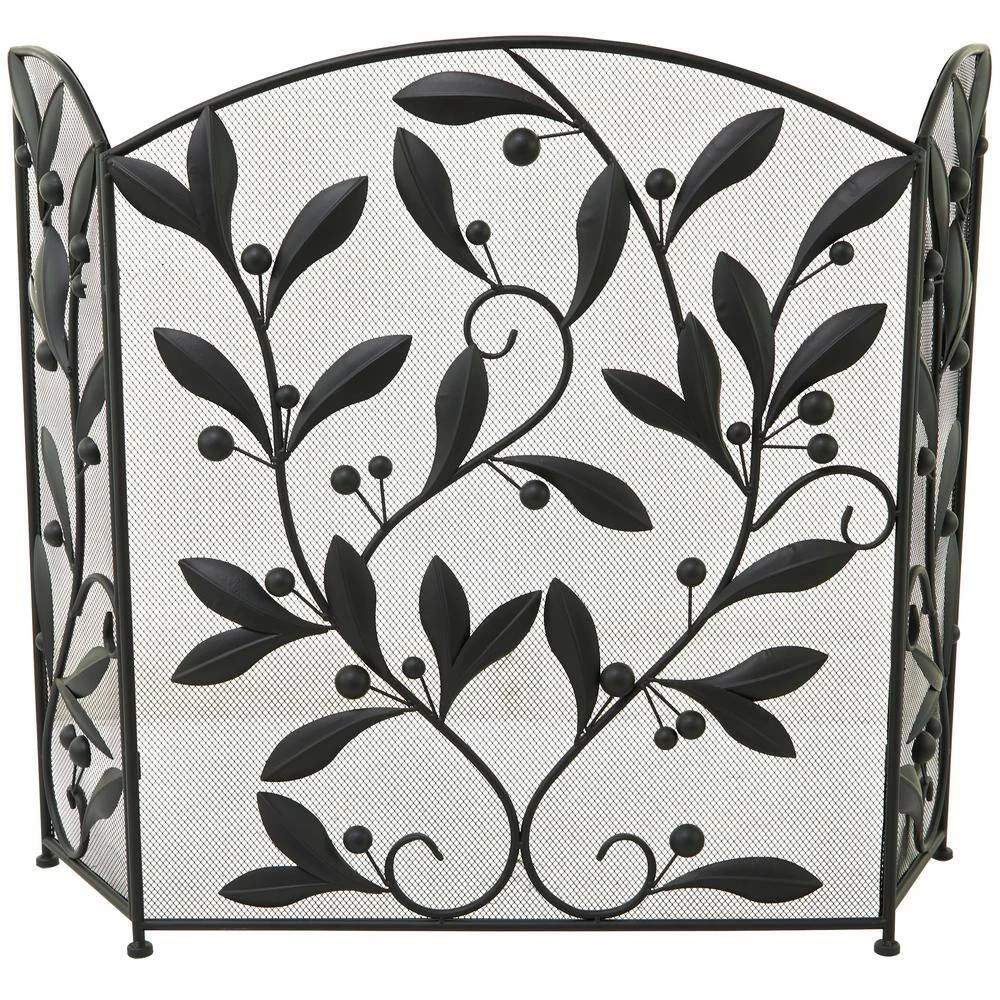 Black Metal Scroll Foldable Mesh Netting 3-Panel Fireplace Screen With Leaf And Vine Relief 5 Black Metal Scroll Foldable Mesh Netting 3-Panel Fireplace Screen With Leaf And Vine Relief - Image 5
