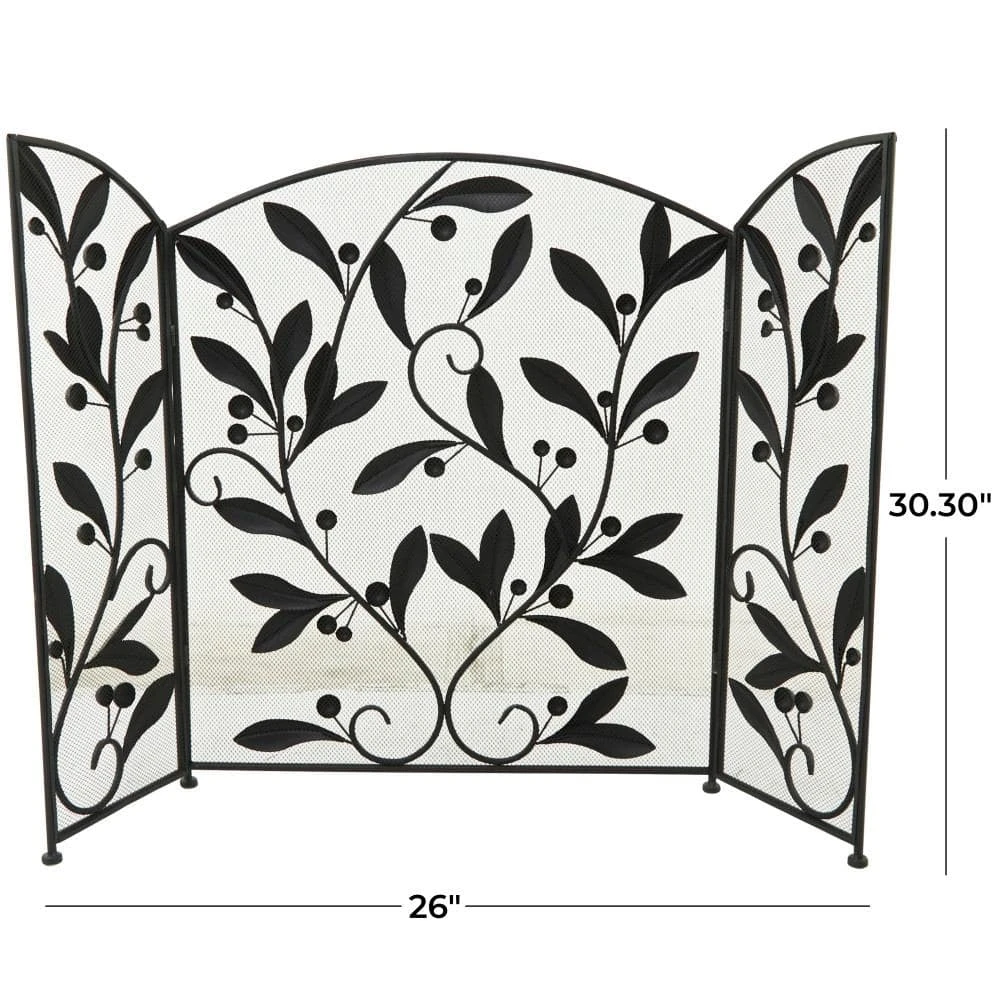 Black Metal Scroll Foldable Mesh Netting 3-Panel Fireplace Screen With Leaf And Vine Relief 6 Black Metal Scroll Foldable Mesh Netting 3-Panel Fireplace Screen With Leaf And Vine Relief - Image 6