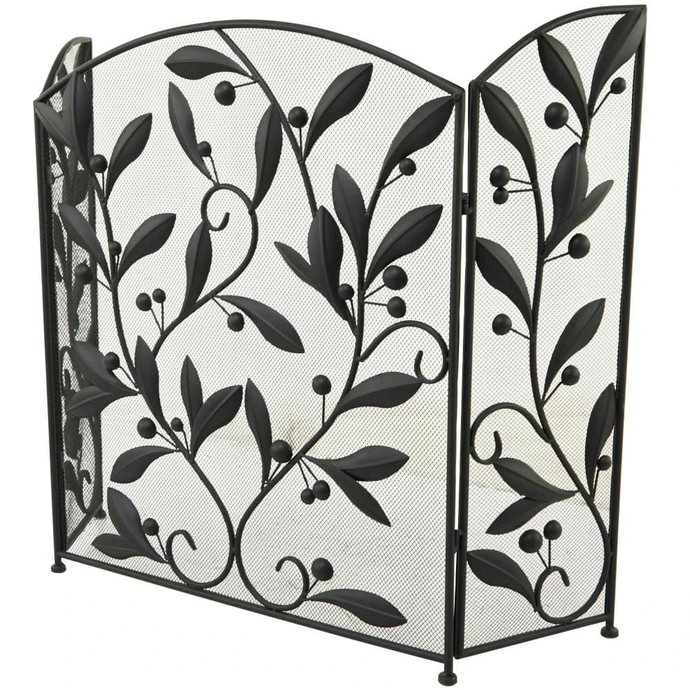 Black Metal Scroll Foldable Mesh Netting 3-Panel Fireplace Screen With Leaf And Vine Relief 2 Black Metal Scroll Foldable Mesh Netting 3-Panel Fireplace Screen With Leaf And Vine Relief - Image 2