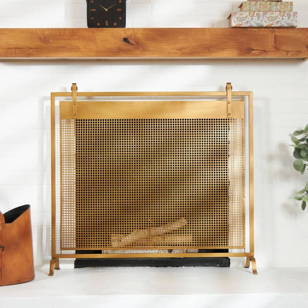 Copper Metal Suspended Grid Style Netting Single-Panel Fireplace Screen With Bolted Detailing 7 Copper Metal Suspended Grid Style Netting Single-Panel Fireplace Screen With Bolted Detailing - Image 7