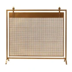Copper Metal Suspended Grid Style Netting Single-Panel Fireplace Screen With Bolted Detailing