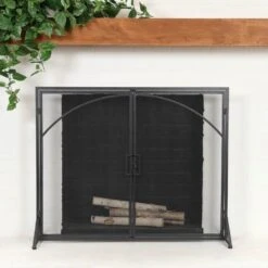 Black Metal Minimalistic Single-Panel Fireplace Screen With Arch Inspired Doors And Handles -Fire Place Store litton lane fireplace screens 043889 31 1000