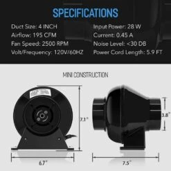 4 In. 195 CFM Duct Inline Ventilation Fan Air Circulation Vent HVAC Exhaust Blower For Grow Tent/Kitchens Lite, Black 13 4 In. 195 CFM Duct Inline Ventilation Fan Air Circulation Vent HVAC Exhaust Blower For Grow Tent/Kitchens Lite, Black -Fire Place Store lukvuzo hvac accessories hssa04 3fs075 76 1000