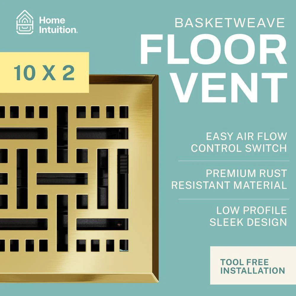 Basketweave 2 X 10 In. Decorative Floor Register Vent With Mesh Cover Trap, Polished Brass 2 Basketweave 2 X 10 In. Decorative Floor Register Vent With Mesh Cover Trap, Polished Brass - Image 2