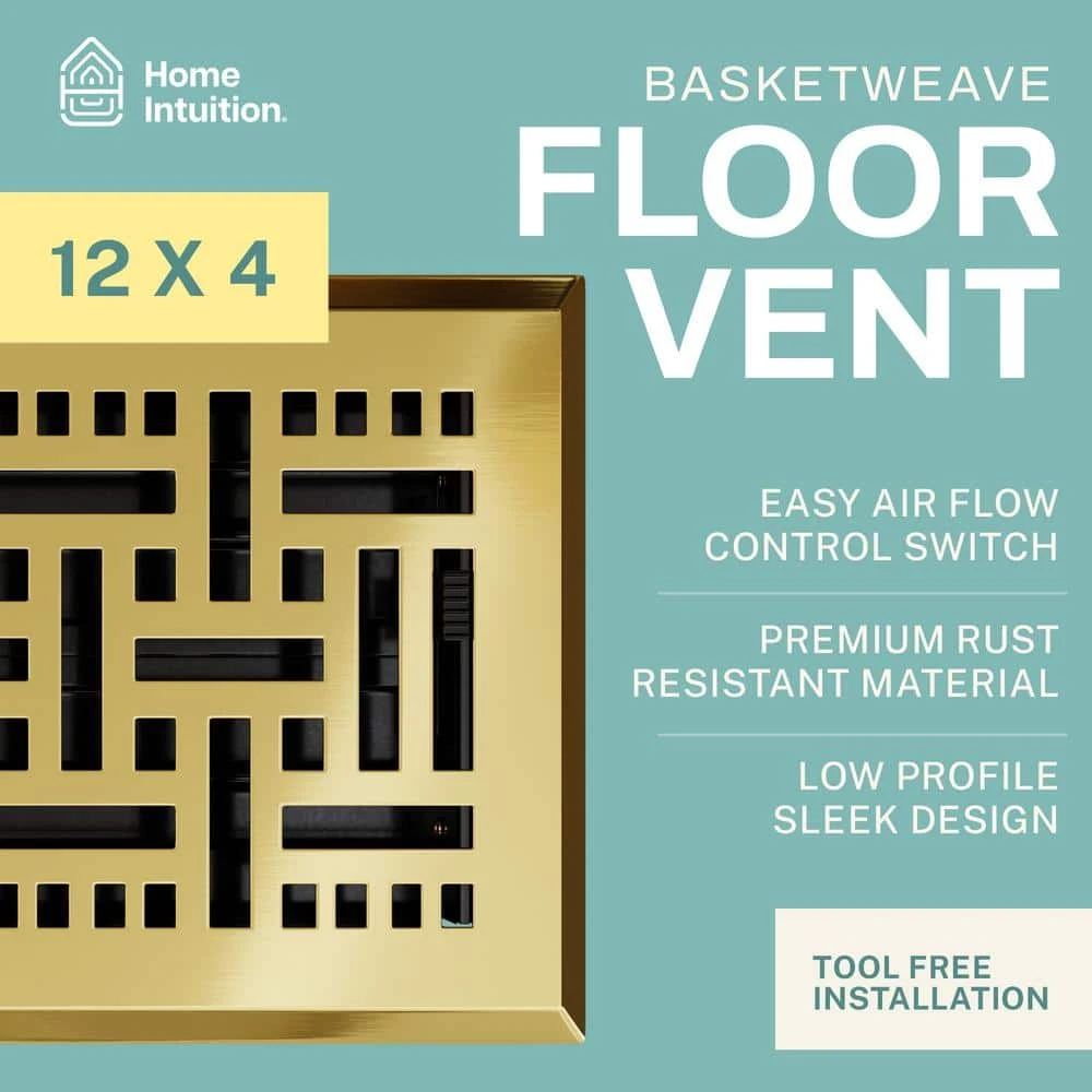 Basketweave 12 In. X 4 In. Decorative Floor Register Vent With Mesh Cover Trap In Polished Brass 2 Basketweave 12 In. X 4 In. Decorative Floor Register Vent With Mesh Cover Trap In Polished Brass - Image 2