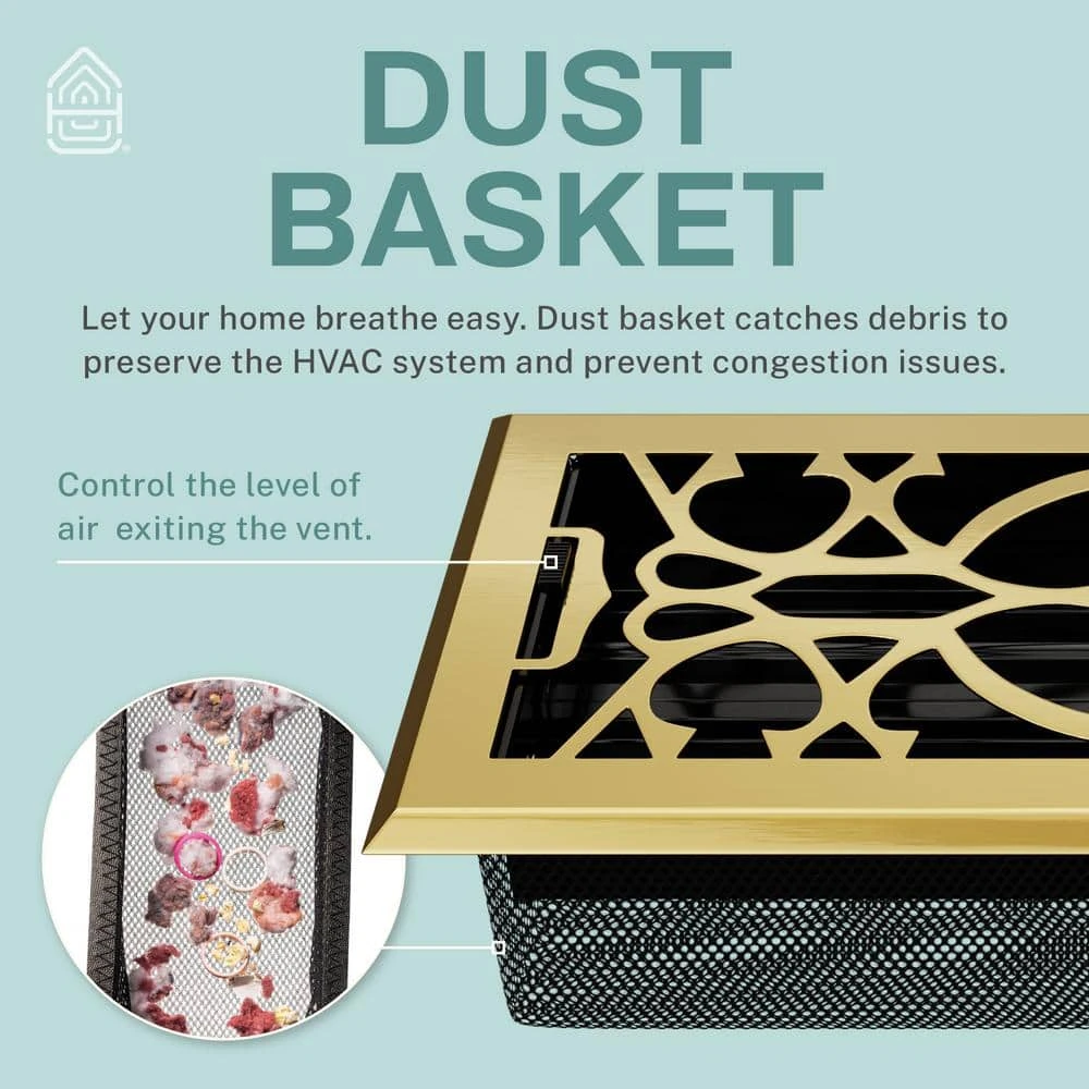 Victorian Scroll 2 In. X 14 In. Decorative Floor Register Vent With Mesh Cover Trap, Polished Brass 5 Victorian Scroll 2 In. X 14 In. Decorative Floor Register Vent With Mesh Cover Trap, Polished Brass - Image 5