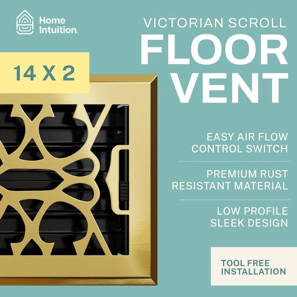 Victorian Scroll 2 In. X 14 In. Decorative Floor Register Vent With Mesh Cover Trap, Polished Brass 2 Victorian Scroll 2 In. X 14 In. Decorative Floor Register Vent With Mesh Cover Trap, Polished Brass - Image 2