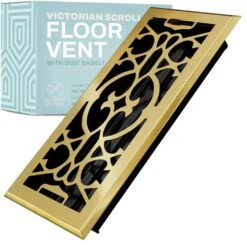 Victorian Scroll 4x12 Inch Decorative Floor Register Vent With Mesh Cover Trap, Polished Brass