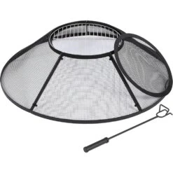 Black 30 In. Fire Pit Spark Screen Cover With Top Cover Round And Steel Grill Grate For Patio Backyard