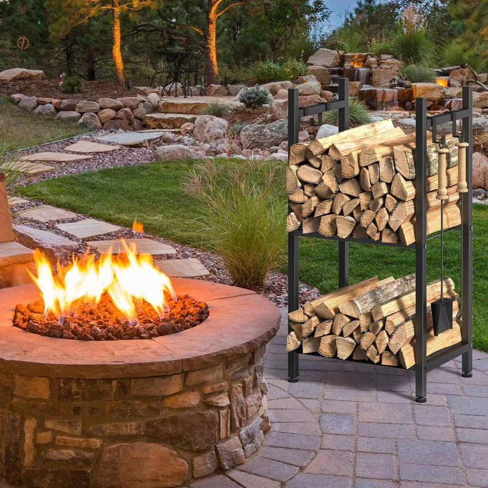 15.7 L X 12 W X 32 H In. Fireplace Firewood Storage Rack, Firewood Storage Rack, Metal, Black, With 4 Hooks 3 15.7 L X 12 W X 32 H In. Fireplace Firewood Storage Rack, Firewood Storage Rack, Metal, Black, With 4 Hooks - Image 3