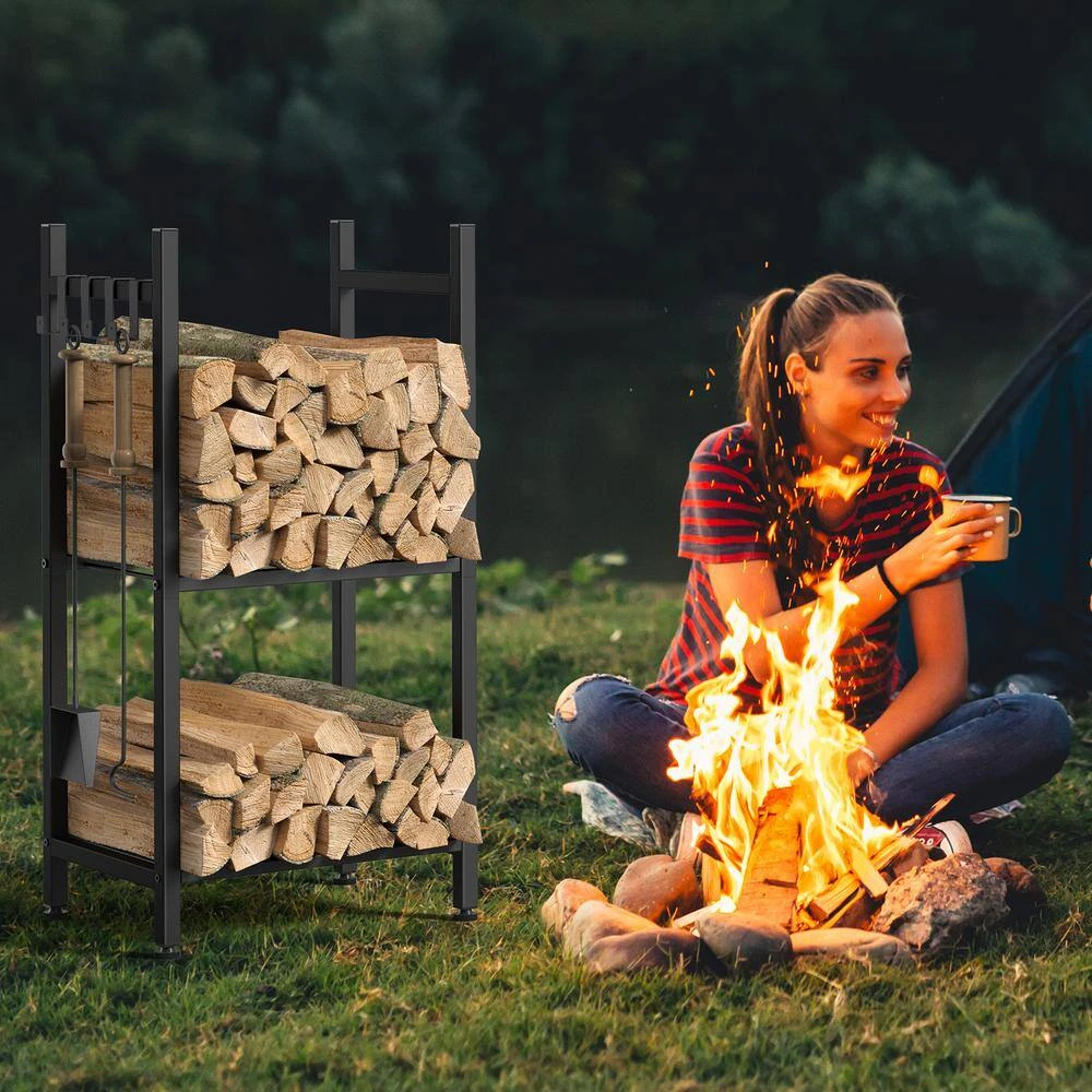 15.7 L X 12 W X 32 H In. Fireplace Firewood Storage Rack, Firewood Storage Rack, Metal, Black, With 4 Hooks 4 15.7 L X 12 W X 32 H In. Fireplace Firewood Storage Rack, Firewood Storage Rack, Metal, Black, With 4 Hooks - Image 4