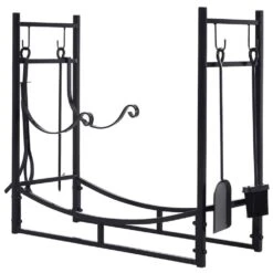 OUTSUNNY 33 In. L Wrought Iron Indoor Outdoor Fireplace Tool Set Log Rack Holder With Fireplace Tools