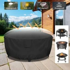 Fire Pit Cover Round, Full Coverage Patio Outdoor Fireplace Cover, Waterproof Fire Bowl Cover, Black, 45 In.D X 25 In.H -Fire Place Store ovcrnibi fire pit covers and accessories wj 003 4 zhd 44 1000