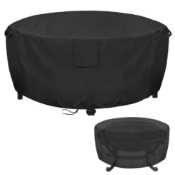 Fire Pit Cover Round, Full Coverage Patio Outdoor Fireplace Cover, Waterproof Fire Bowl Cover, Black, 45 In.D X 25 In.H