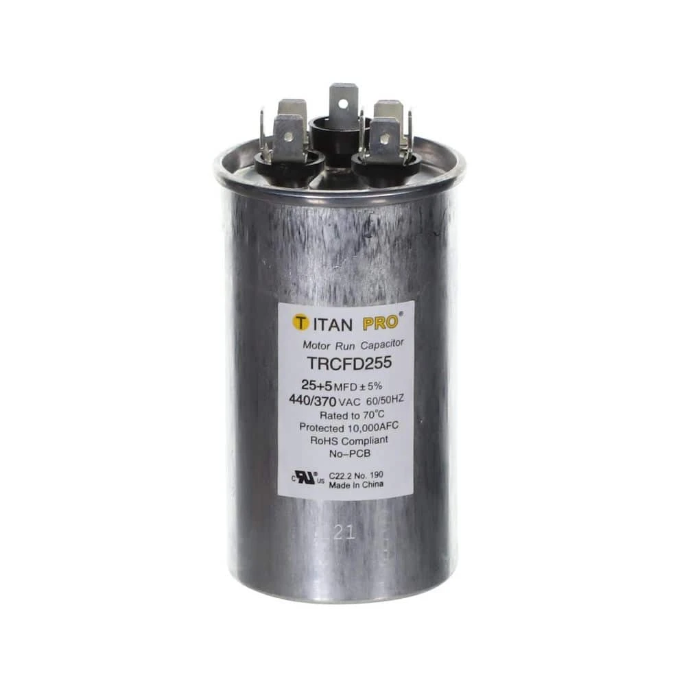 Titan Pro 25 Plus 5 MFD 440-Volt/370-Volt Dual Voltage Round Run Capacitor 1 Titan Pro 25 Plus 5 MFD 440-Volt/370-Volt Dual Voltage Round Run Capacitor