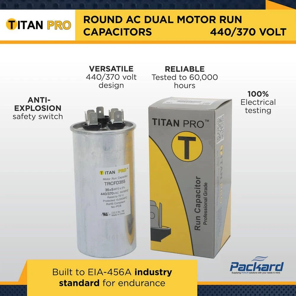 Titan Pro 25 Plus 5 MFD 440-Volt/370-Volt Dual Voltage Round Run Capacitor 2 Titan Pro 25 Plus 5 MFD 440-Volt/370-Volt Dual Voltage Round Run Capacitor - Image 2