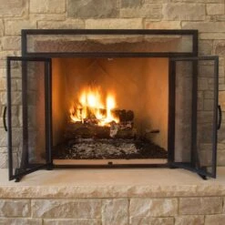 Manchester Large Size Black Steel And Glass Single-Panel Fireplace Screen With Doors -Fire Place Store pleasant hearth fireplace screens fa183s l fa 1000