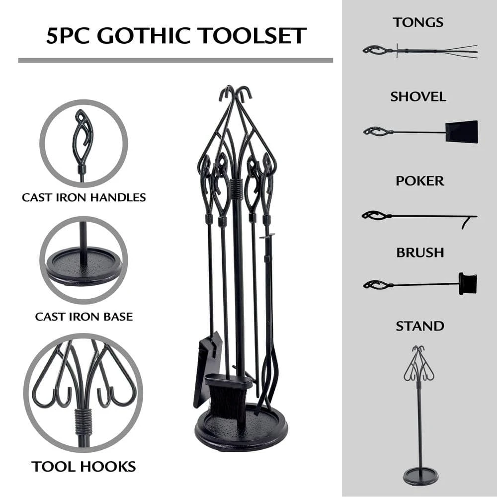 Gothic 5-Piece Fireplace Tool Set With Decorative Handles 3 Gothic 5-Piece Fireplace Tool Set With Decorative Handles - Image 3