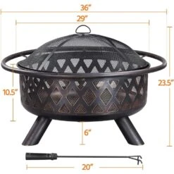 36 In. Antique Black Outdoor Built-in Grill Fire Pits With Mesh Spark Screen Poker For Outside BBQ Bonfire -Fire Place Store runesay wood burning fire pits tt15 4f 1000