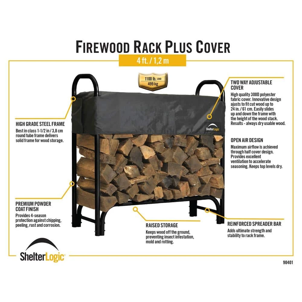 ShelterLogic 4 Ft. H X 4 Ft. D X 1 Ft. W Firewood Rack With Black Powder-Coated Finish And 2-Way Adjustable Polyester Cover 5 ShelterLogic 4 Ft. H X 4 Ft. D X 1 Ft. W Firewood Rack With Black Powder-Coated Finish And 2-Way Adjustable Polyester Cover - Image 5