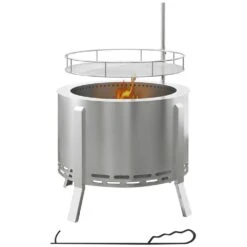 19 In. 2-in-1 Portable Wood Burning Firepit With Cooking Grate And Poker, Low Smoke Camping Bonfire Stove, Silver