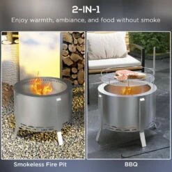 19 In. 2-in-1 Portable Wood Burning Firepit With Cooking Grate And Poker, Low Smoke Camping Bonfire Stove, Silver -Fire Place Store siavonce outdoor fireplaces xmj p174305 77 1000