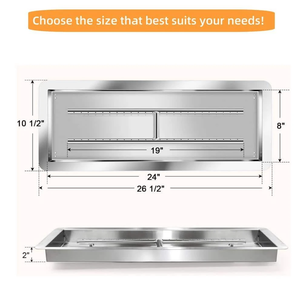 24 In. X 8 In. Outdoor Rectangular Stainless Steel Drop In Fire Pit Pan For Natural Gas And Liquid Propane 2 24 In. X 8 In. Outdoor Rectangular Stainless Steel Drop In Fire Pit Pan For Natural Gas And Liquid Propane - Image 2