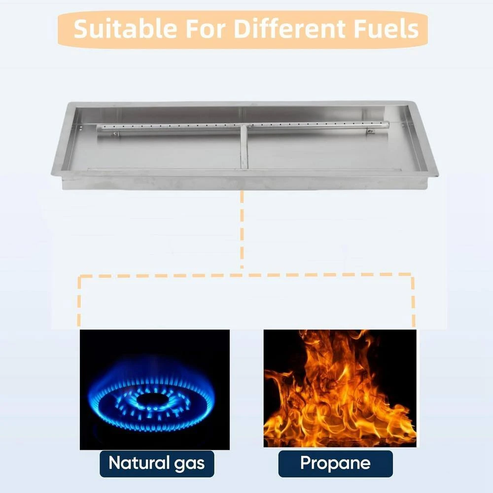 24 In. X 8 In. Outdoor Rectangular Stainless Steel Drop In Fire Pit Pan For Natural Gas And Liquid Propane 6 24 In. X 8 In. Outdoor Rectangular Stainless Steel Drop In Fire Pit Pan For Natural Gas And Liquid Propane - Image 6