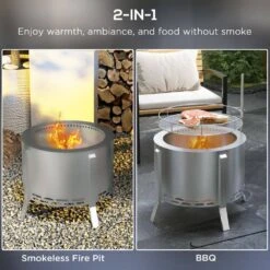 OUTSUNNY 2-in-1 Smokeless Fire Pit Silver 19 In. Portable Wood Burning Firepit -Fire Place Store silver outsunny wood burning fire pits 842 336v00sr 1f 1000