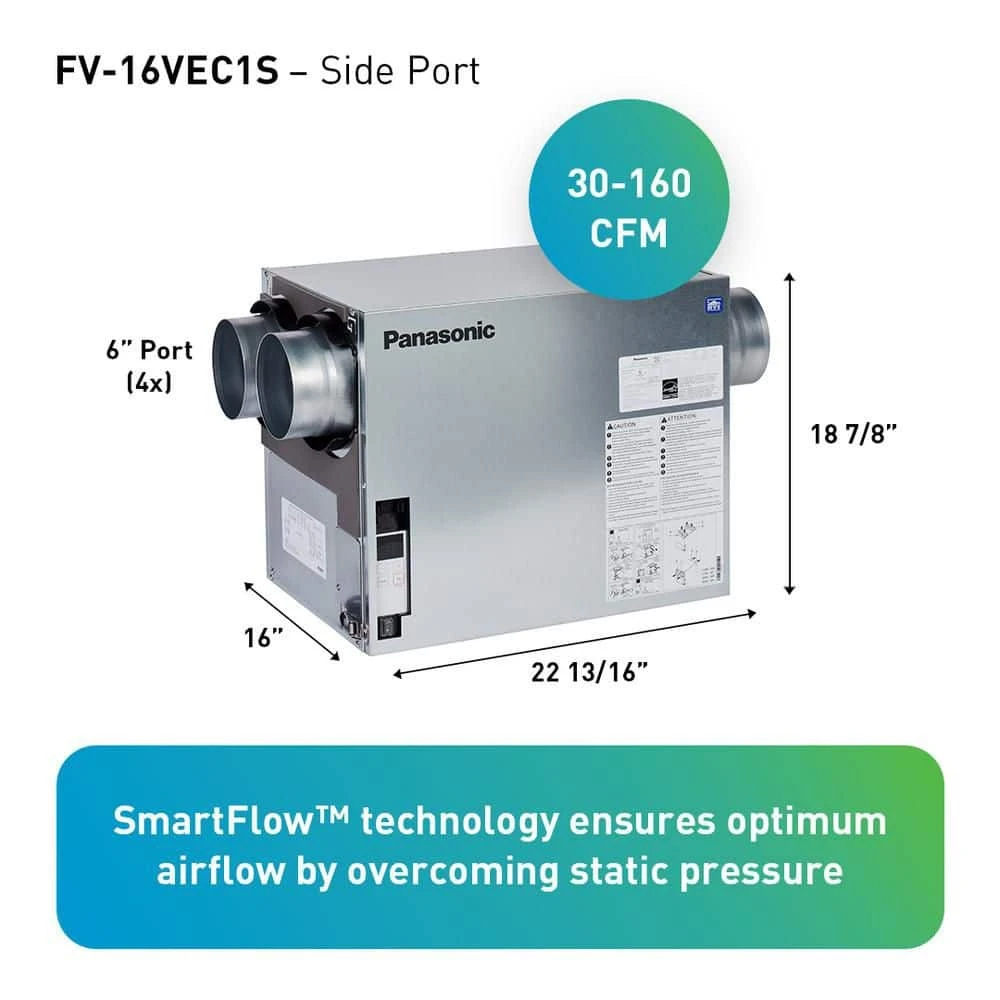 Panasonic BalancedHome 160-Elite Plus Energy Recovery Ventilator (ERV), 30-160 CFM, Side Port, Any Climate 2 Panasonic BalancedHome 160-Elite Plus Energy Recovery Ventilator (ERV), 30-160 CFM, Side Port, Any Climate - Image 2