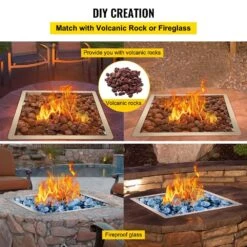Square Fire Pit Burner Kit 36 In. Stainless Steel Gas Fire Pan 300 K BTU Drop In Fire Pit Pan With 1 Pack Volcanic Rock -Fire Place Store silver vevor gas fire pits fxskhpq3636inkbq4v0 fa 1000