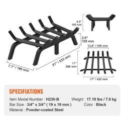 Fireplace Log Grate, 21 In. Heavy Duty Fireplace Grate With 6 Support Legs, 3/4 In. Solid Powder-coated Steel Bars -Fire Place Store skyshalo fireplace grates ztxymp34x3421gko8v0 0819 76 1000