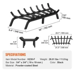 Fireplace Log Grate, 30 In. Heavy Duty Fireplace Grate With 6 Support Legs, 3/4 In. Solid Powder-coated Steel Bars -Fire Place Store skyshalo fireplace grates ztxymp34x3430ewf0v0 0820 76 1000