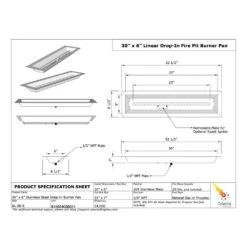 30 In. X 6 In. Linear Stainless Steel Drop-In Fire Pit Pan With Burner, Beveled Lip -Fire Place Store stainless steel celestial fire glass fire pit covers and accessories bl 30 6 44 1000