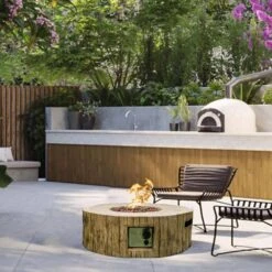 28 In. W X 10 In. H Round Exterior Faux Stone Propane Fire Pit In Striped Brown -Fire Place Store striped brown kadehome fire pit kits kh orfp62 br 31 1000