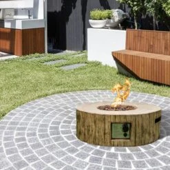 28 In. W X 10 In. H Round Exterior Faux Stone Propane Fire Pit In Striped Brown -Fire Place Store striped brown kadehome fire pit kits kh orfp62 br 44 1000