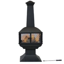 57 In. Black Steel Outdoor Wood Burning Fire Pit Chiminea With Log Grate And Poker 360-Degree View