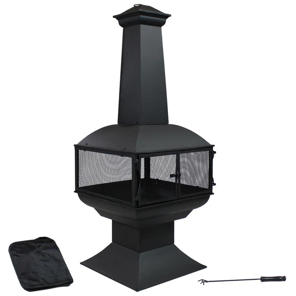 57 In. Black Steel Outdoor Wood Burning Fire Pit Chiminea With Log Grate And Poker 360-Degree View 2 57 In. Black Steel Outdoor Wood Burning Fire Pit Chiminea With Log Grate And Poker 360-Degree View - Image 2