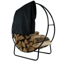 24 In. Black Steel Firewood Log Hoop Rack With Black Cover