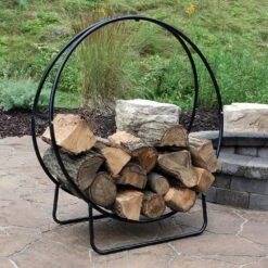 40 In. Black Steel Firewood Log Hoop Rack With Black Cover -Fire Place Store sunnydaze firewood racks qx 40lh cover combo 31 1000