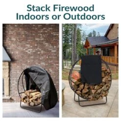 48 In. Black Steel Firewood Log Hoop With Cover -Fire Place Store sunnydaze firewood racks qx 48lh cover combo 4f 1000