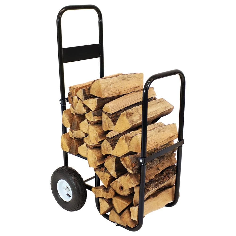 Steel Rolling Firewood Log Cart In Black 1 Steel Rolling Firewood Log Cart In Black