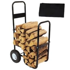 Steel Firewood Log Cart Carrier With Cover In Black