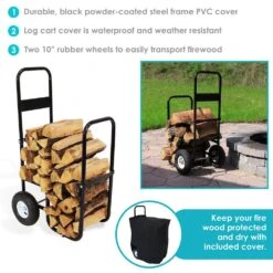 Steel Firewood Log Cart Carrier With Cover In Black -Fire Place Store sunnydaze firewood racks qx flc combo c3 1000