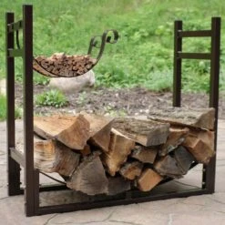 Bronze Indoor-Outdoor Firewood Log Rack With Kindling Holder -Fire Place Store sunnydaze firewood racks qx lrkh bronze 31 1000