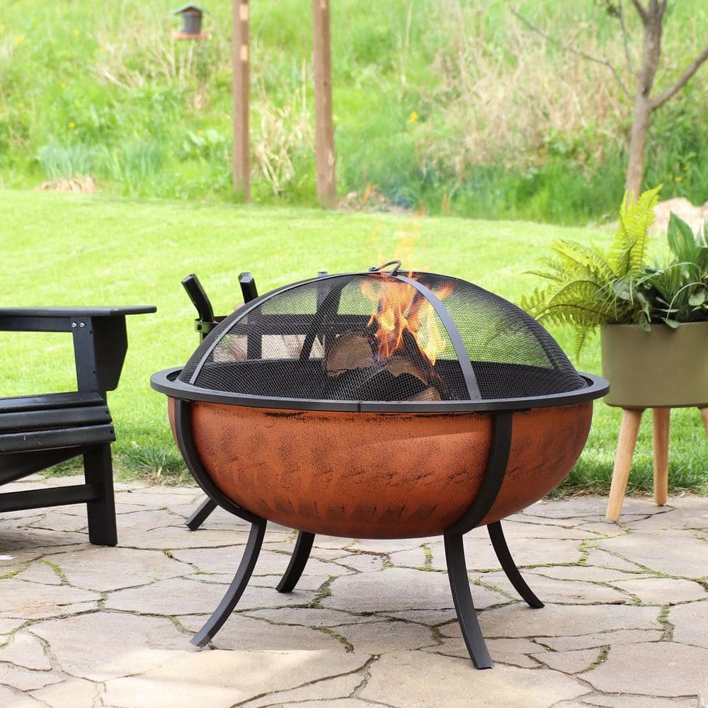 25.75 In. Copper Raised Outdoor Fire Pit Bowl With Spark Screen 8 25.75 In. Copper Raised Outdoor Fire Pit Bowl With Spark Screen - Image 8